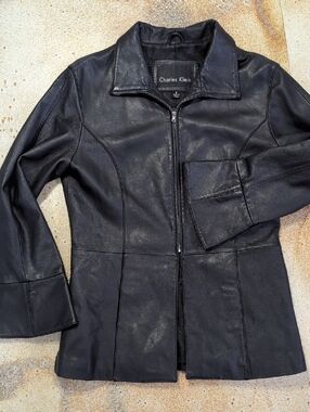 Charles Klein Black Leather Zip-Front Jacket Sleek Fitted Flaired Sleeves Size S